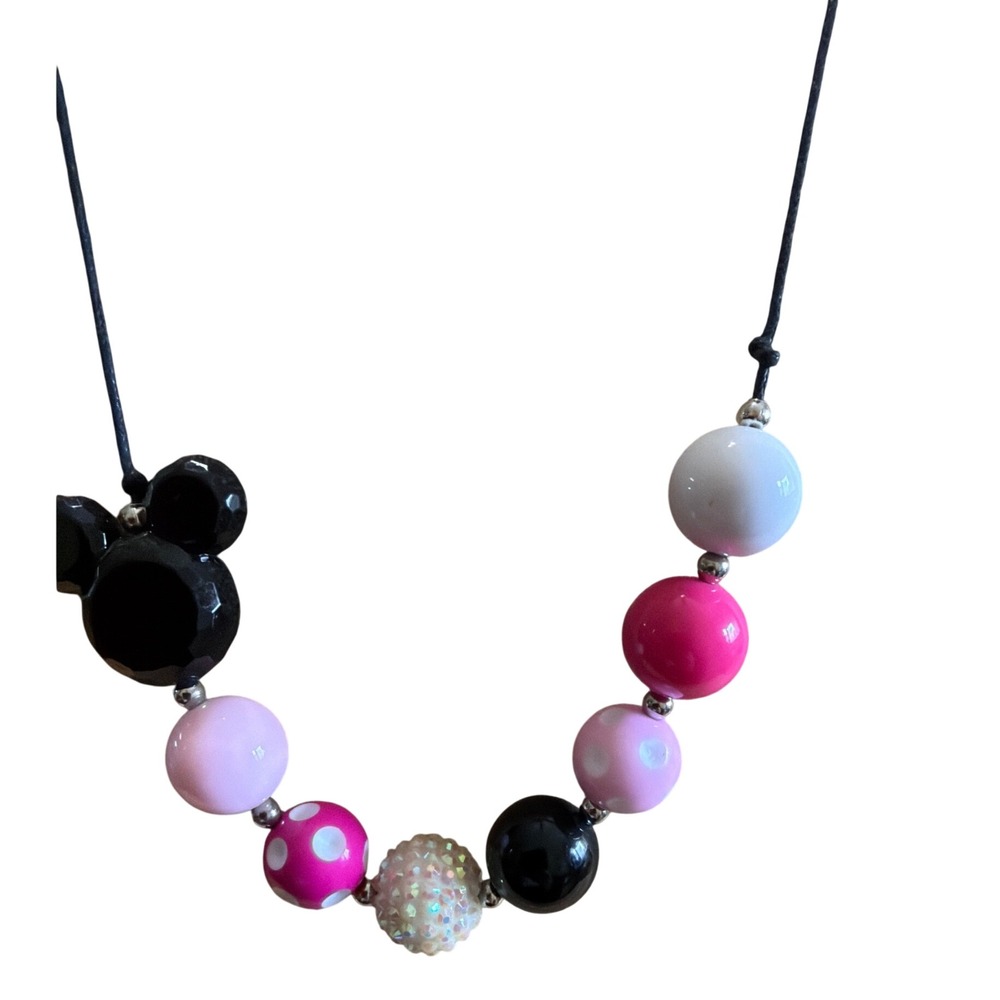 Handmade Mouse Head Bubblegum Bead Necklace Pink Black White Whimsical